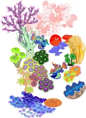 Sticker - Underwater coral reef with fish on white background