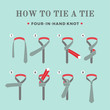 Instructions on how to tie a tie on the turquoise background of the eight steps. Four in Hand knot . Vector Illustration.