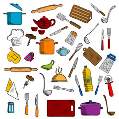 Wall Mural - Pots and cups, tea set, knives and forks, spatula and cutting board, whisk and chef hat, graters and rolling pin, tray and corkscrew, napkin and pizza cutter, oven glove and salt shaker