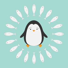 Penguin. Cute Cartoon Character. Fish Round Frame. Arctic Animal Collection.  Baby Bird. Flat Design