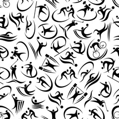 Black and white seamless pattern of football or soccer, basketball, running, golf, cycling, volleyball, wrestling, javelin throw, weightlifting, swimming and water polo sportsmen abstract silhouettes