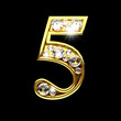 5 isolated golden letters with diamonds on black