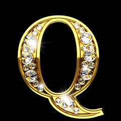 Wall Mural - q isolated golden letters with diamonds on black