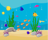 Fototapeta Dinusie - Ocean Cartoon underwater world with fish, plants, island Aquarium Fish set