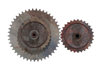 Two rusty cogwheels on white background