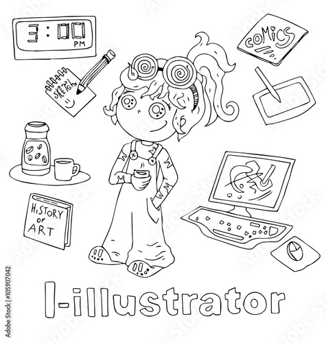 the professions in alphabetical order cartoon hand drawn outline for