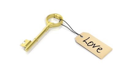 Wall Mural - Tag with word Love on golden retro key , isolated on white background.