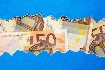 Fifty Euro bills in paper frame