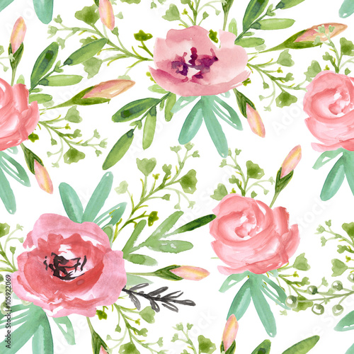 Seamless floral pattern with pink flowers  on a white background