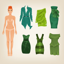 Vector Dress Up Paper Doll With An Assortment Of Green Dresses