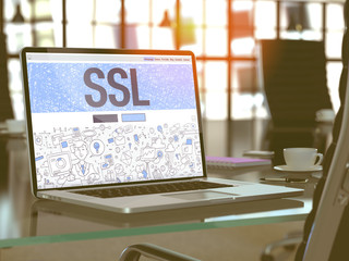 Wall Mural - ssl - secure socket layer - concept closeup on landing page of laptop screen in modern office workpl