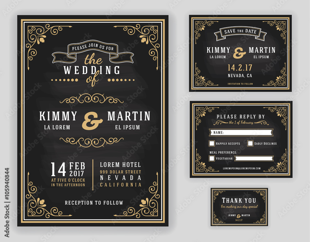 Luxurious wedding invitation on chalkboard background. Include Invitation, RSVP card, Save the date, Thank you card. Vector illustration - obrazy, fototapety, plakaty 