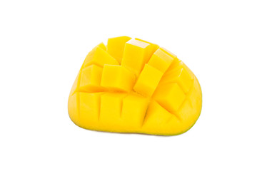 Wall Mural - Fresh ripe juicy sliced mango on a white background, isolated, closeup