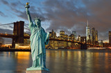 Fototapeta Nowy Jork - Manhattah skyline with Brooklyn Bridge at night and Statue of Liberty - collage.