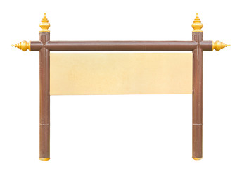 Sign board on brown iron stand with Thai style golden apex isola