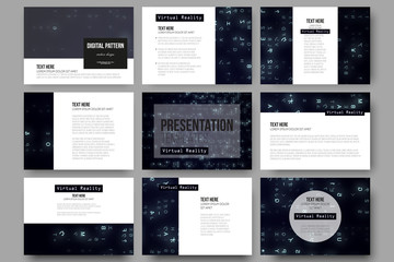 Set of 9 templates for presentation slides. Virtual reality, abstract technology background with blue symbols, vector illustration.