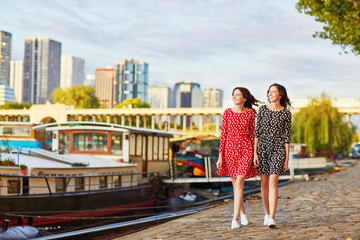 Wall Mural - Beautiful twin sisters near the river Seine in Paris, France