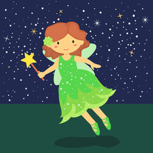 Illustration Of Cute Little Green Fairy With Wand And Stardust Flying In Night Background.