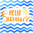© saint_antonio - Lettering quote hello summer. Hand drawn Sketch typographic design sign, Vector Illustration on color lines background