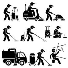 Industrial Cleaning Worker With Tools And Equipment Stick Figure Pictogram Icons