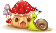 Beautiful Mushroom House And Happy Snail Cartoon