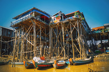 Homes On Stilts On The Floating Village Of Kampong Phluk, Tonle Sap Lake,Siem Reap Province, Cambodia