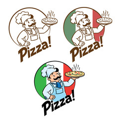 Canvas Print - Emblem of funny cook or baker with pizza and logo