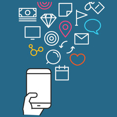Poster - Different techno icons flows into the modern smartphone. Communi