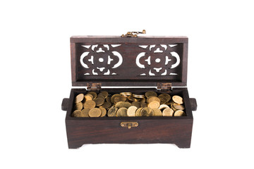 wooden craft box full of gold coins isolated on white background