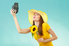 Summer Woman Holds Sunflower Old Camera