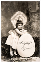 Vintage Easter Card. Funny Sweet Little Girl And Big Egg