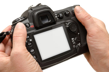 Poster - Isolated camera in hands. Isolated white screen for mockup.