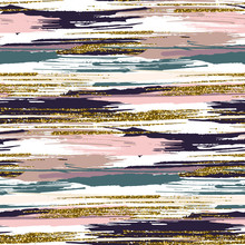 Vector Seamless Pattern With Gold Glitter Textured Brush Strokes And Stripes