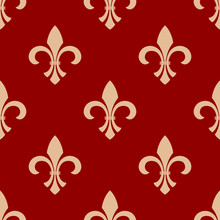 Ancient French Floral Royal Seamless Pattern With Beige Ornament Of Fleur-de-lis Elements On Red Background. Vintage Interior Accessories Or Textile Themes Design