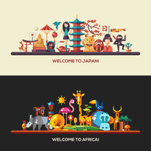 Flat Design Africa, Japan Travel Banners Set
