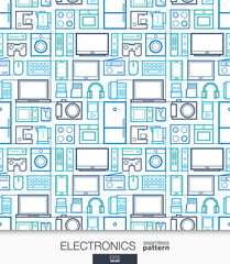 Wall Mural - Home Electronics wallpaper. Digital shop seamless pattern. Tiling textures with thin line integrated web icons. Vector network illustration. Abstract background for mobile app, website, presentation.