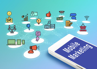 Wall Mural - mobile with mobile marketing and icons, digital marketing concep