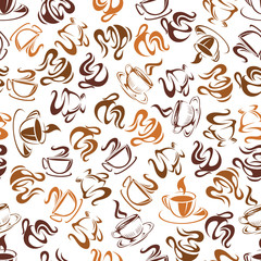 Sticker - Retro pattern with seamless coffee cups and mugs background in brown colors randomly scattered over white background. Textile, print or cafe interior design