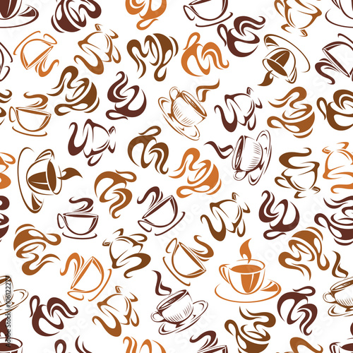 Naklejka - mata magnetyczna na lodówkę Retro pattern with seamless coffee cups and mugs background in brown colors randomly scattered over white background. Textile, print or cafe interior design