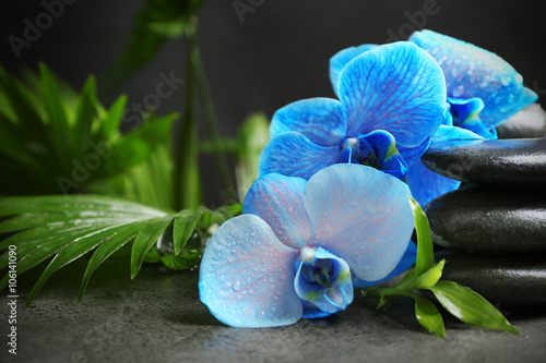 Fototapeta na wymiar Beautiful spa composition with blue orchid and stones
