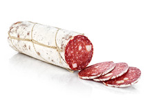 Dried Salami With White Mold Isolated On White Background.