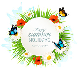 Poster - Happy summer holidays background with poppies, daisies and butte