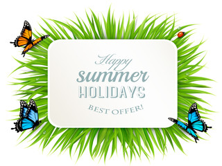 Poster - Happy summer holidays banner with grass, butterflies and ladybir