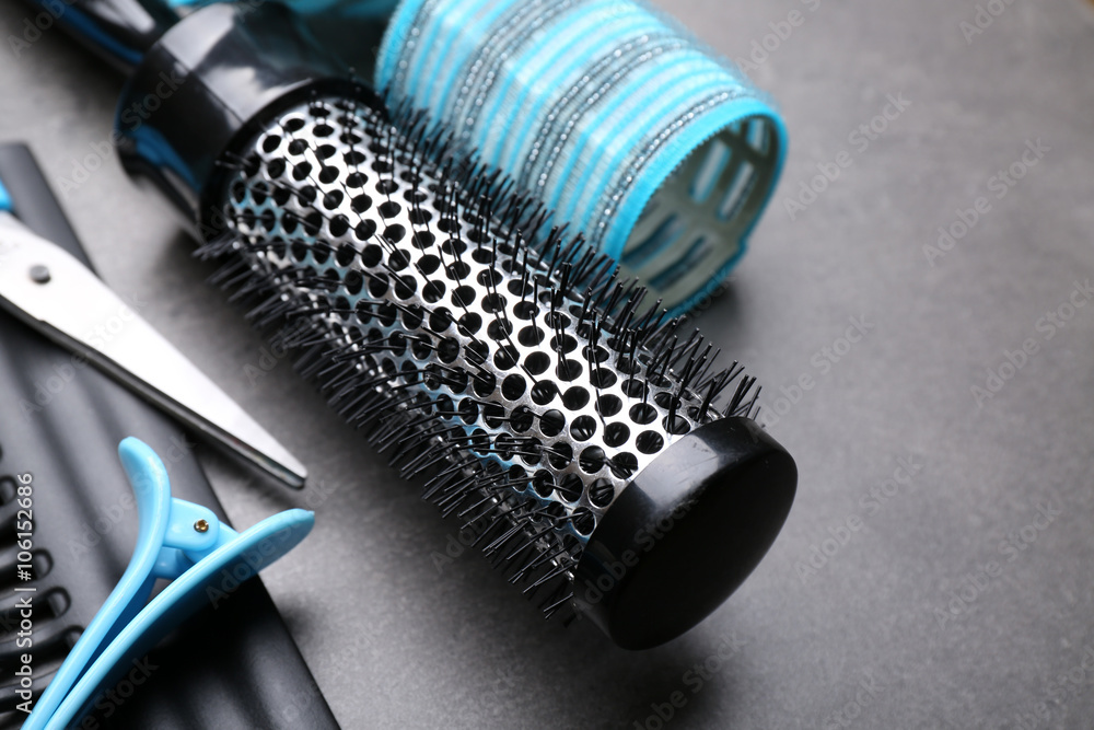 Barber set with tools on grey background, close up