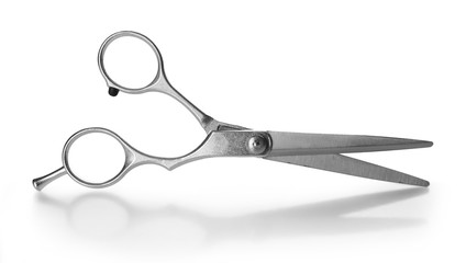 Wall Mural - Professional metal scissors in open position isolated on white, close up