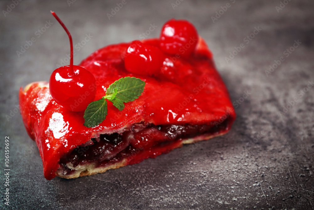 Cherry strudel with mint, closeup