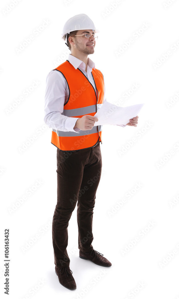 Architect man in hardhat isolated on white