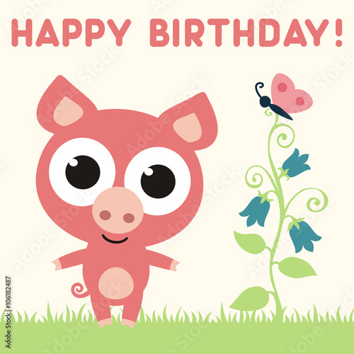 Download Happy birthday! Cute little pig with flower and butterfly ...