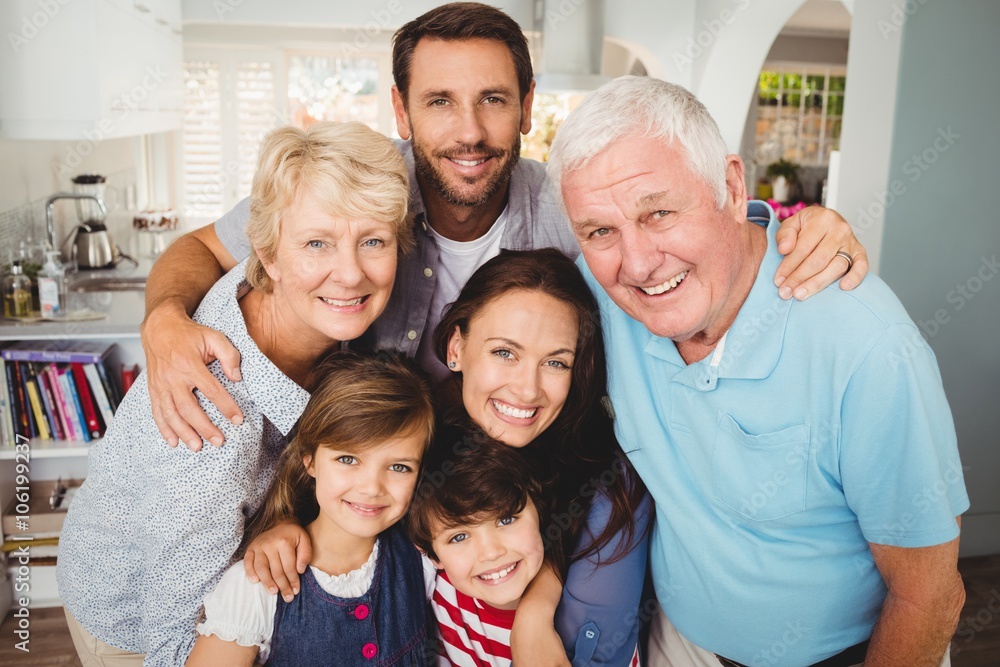 Portrait of smiling family with grandparents - obrazy, fototapety, plakaty 