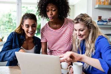 Wall Mural - Female friends smiling while looking in laptop